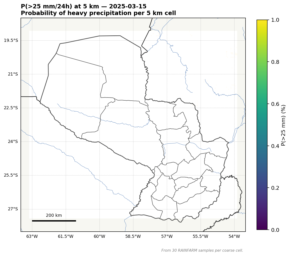 Fine-grid P(>25mm) for 2025-03-15